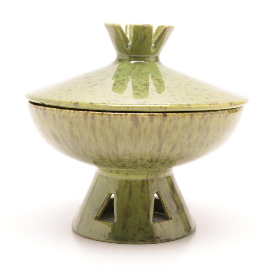 Haeger Pottery Green Lidded Pedestal Bowl