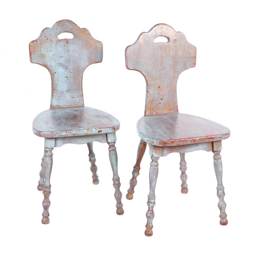 Blue Painted Sgabello Style Chairs with Turned Legs, Early 20th Century