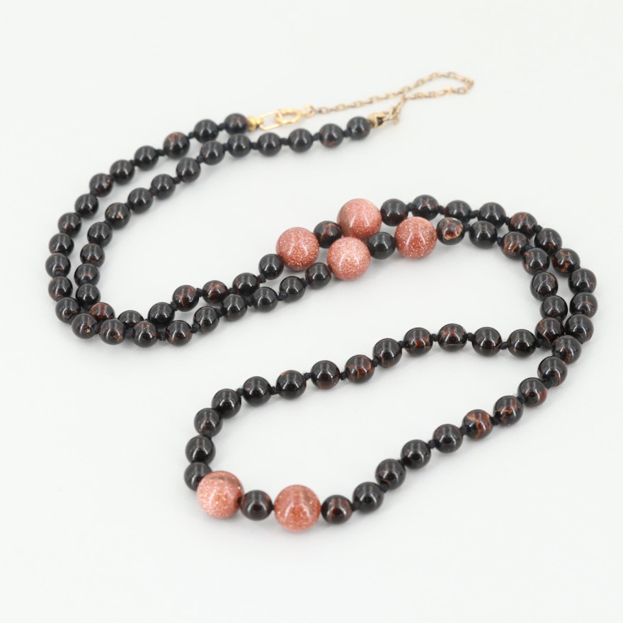 14K Yellow Gold Sunstone Glass and Black Coral Beaded Necklace