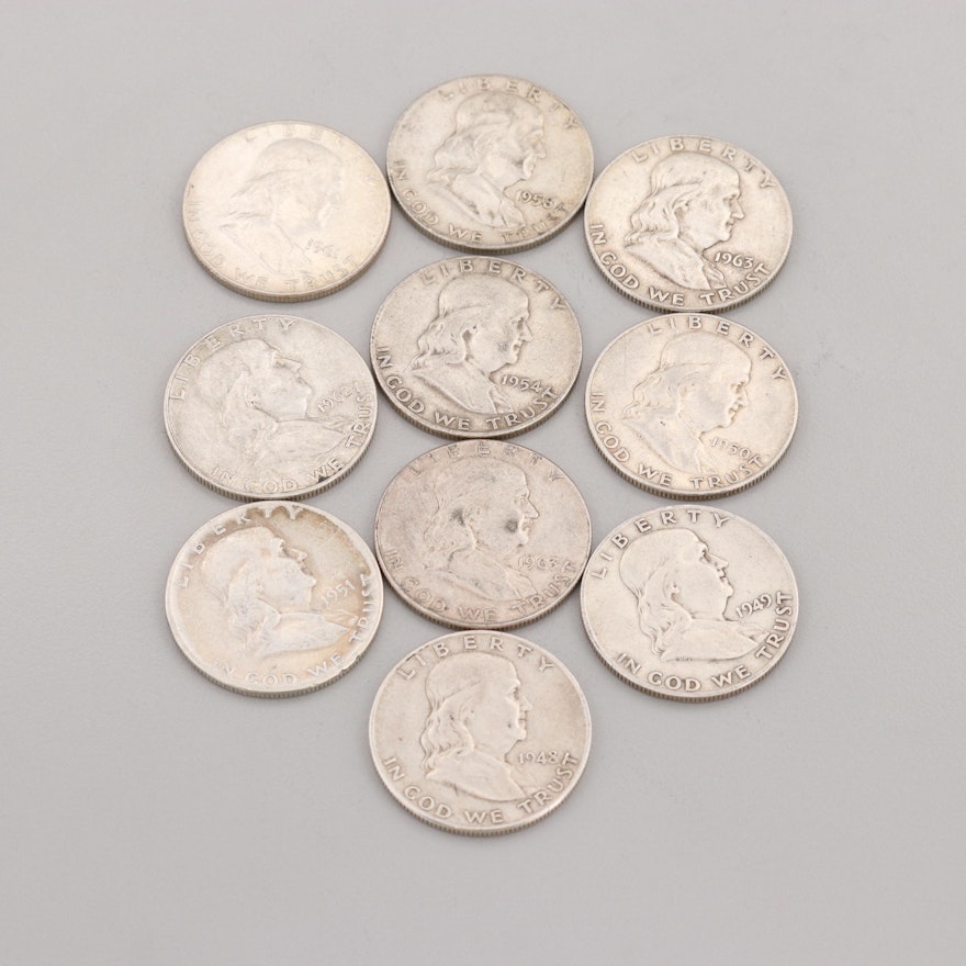 Group of Ten Franklin Silver Half Dollars Ranging from 1948-1963