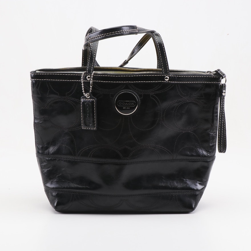 Coach Signature Stripe Black Patent Leather Tote