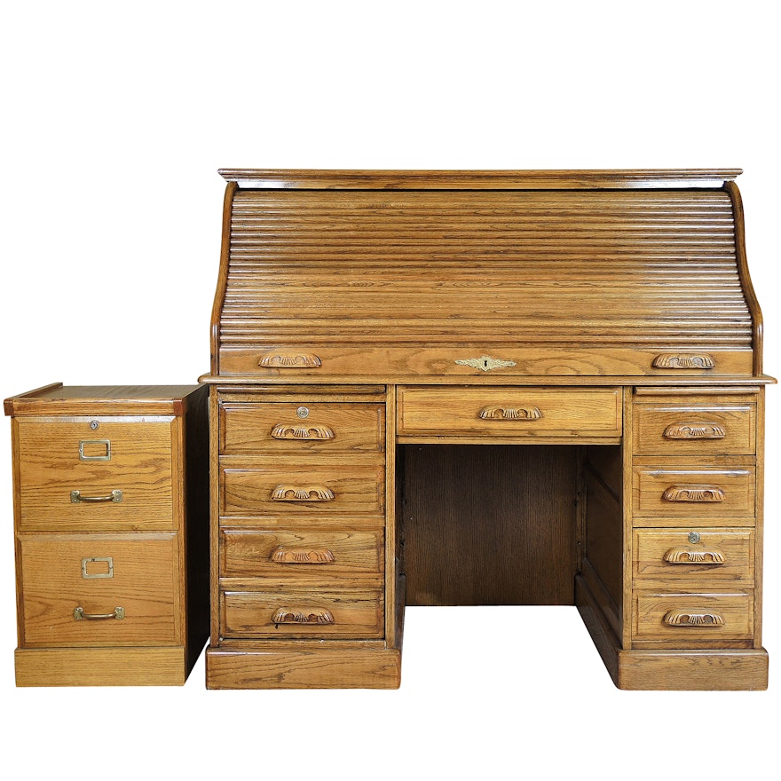 Oak Roll Top Desk and Filing Cabinet