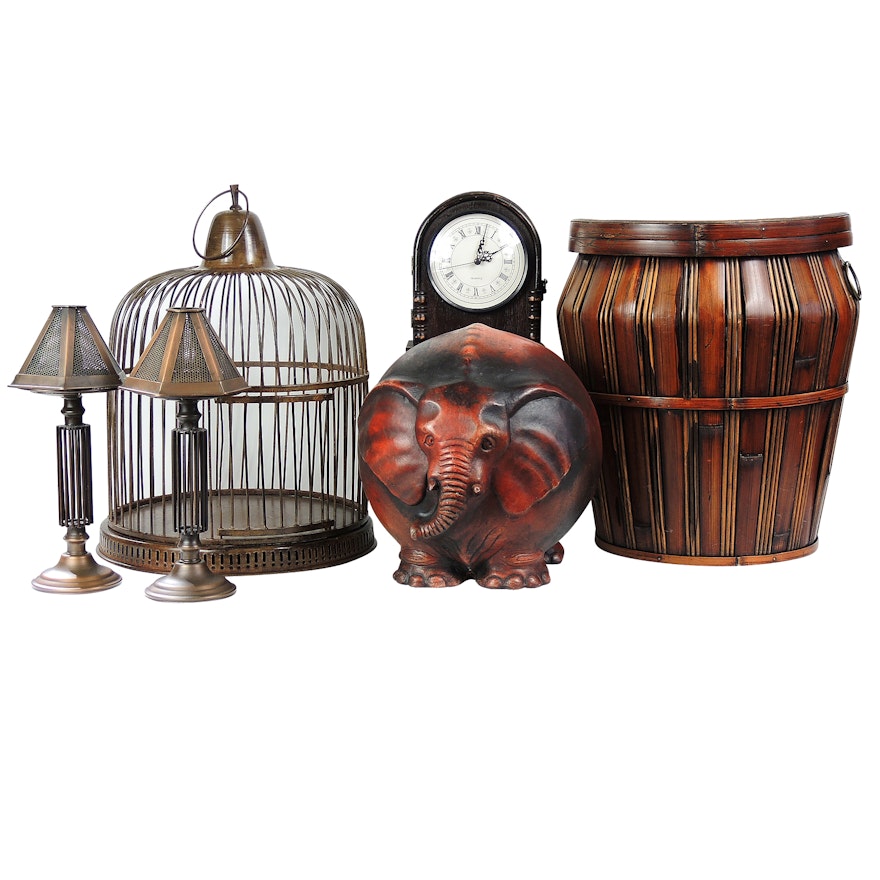 Bird Cage, Elephant Sculpture and Reproduction Clock Home Decor