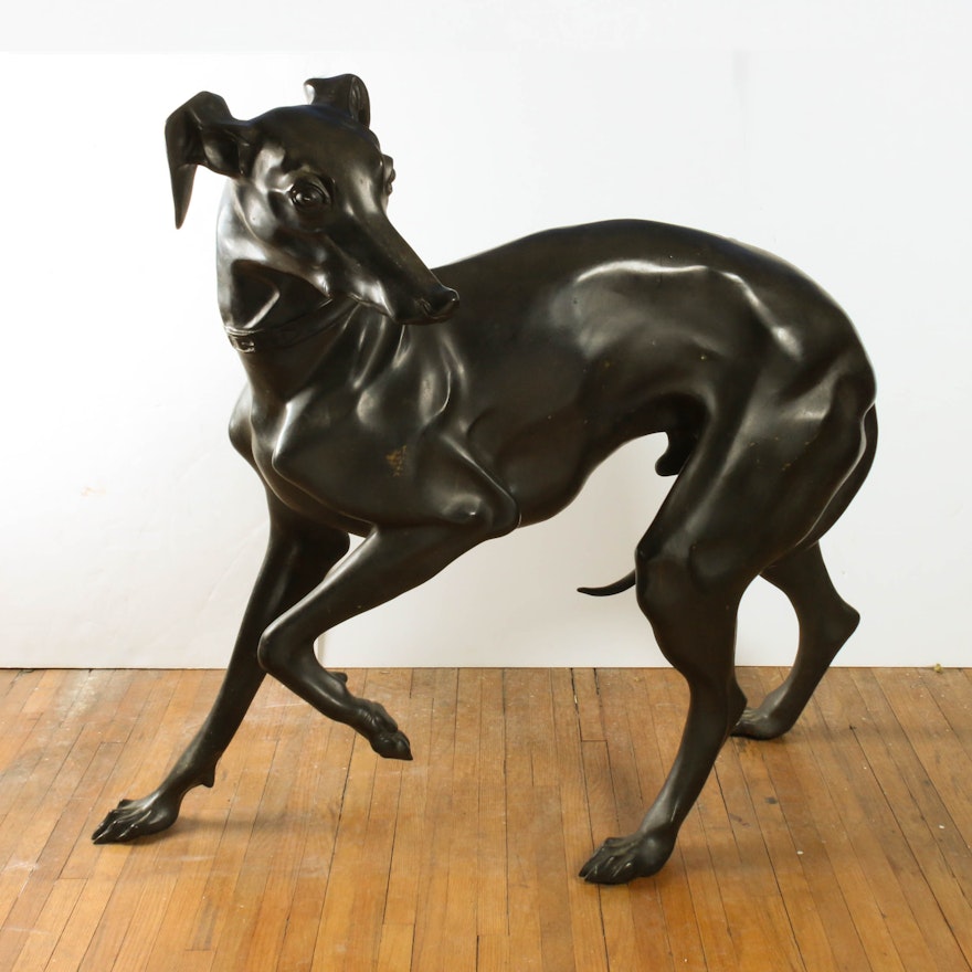 Large-Scale Cast Bronze Greyhound Statue, Mid-Century