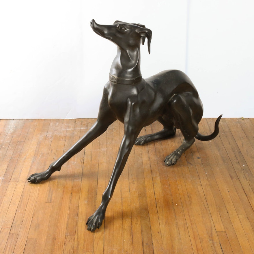 Large-Scale Cast Bronze Greyhound Statue, Mid-Century