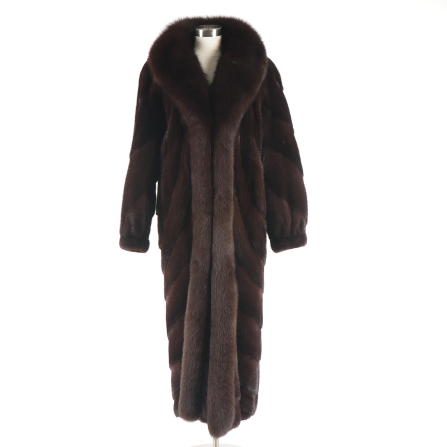 Mary McFadden Furs Mahogany Mink Fur Coat with Fox Fur Tuxedo Collar