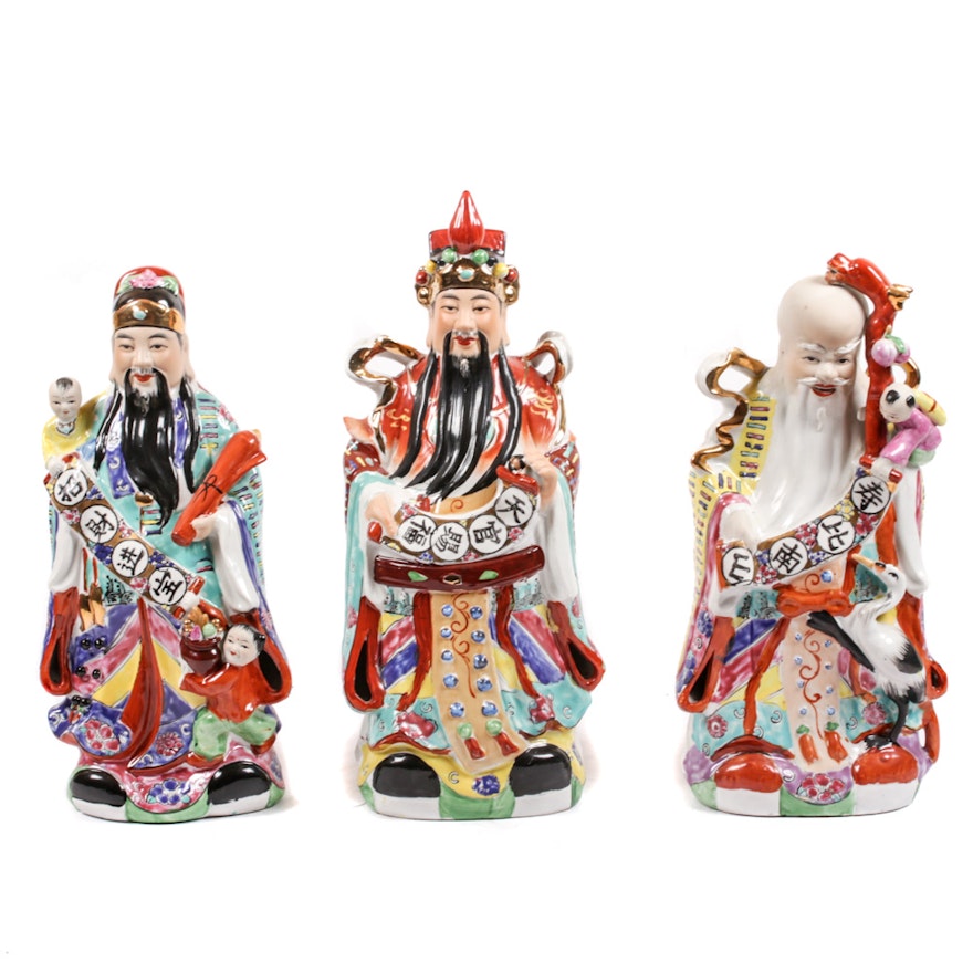 Chinese Hand-Painted Porcelain Figurines of the Sanxing Deities