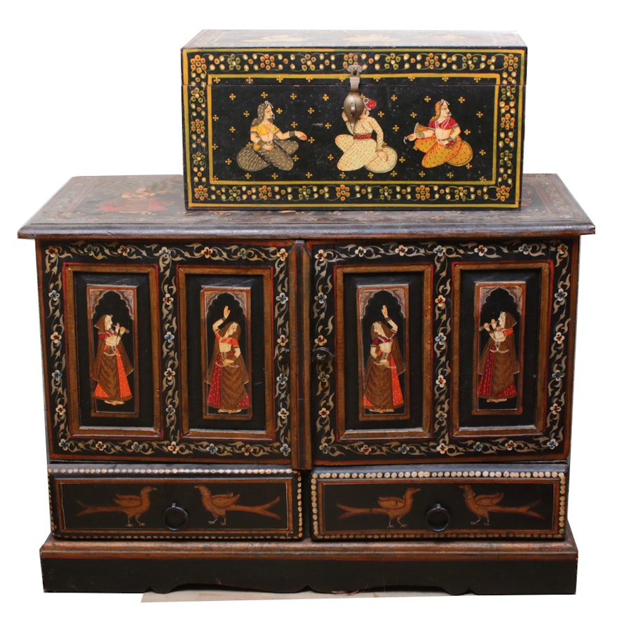 Indian Lacquered Wood Cabinet with Ganesha Motif and Wood Chest
