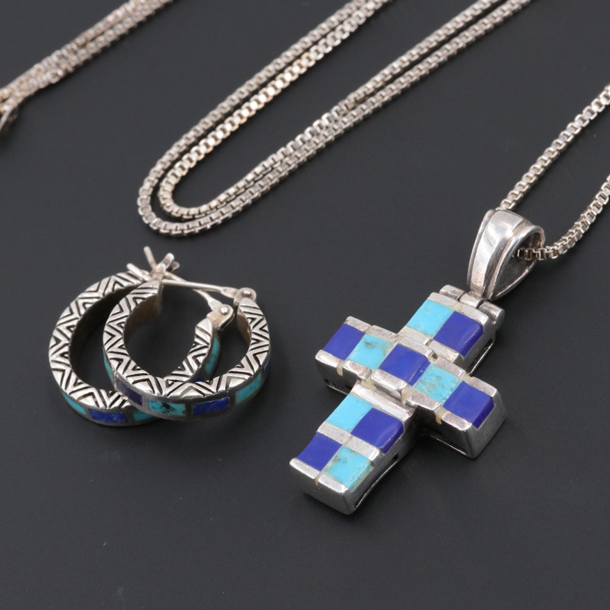Sterling Silver Turquoise and Lapis Lazuli Cross Necklace and Hoop Earrings