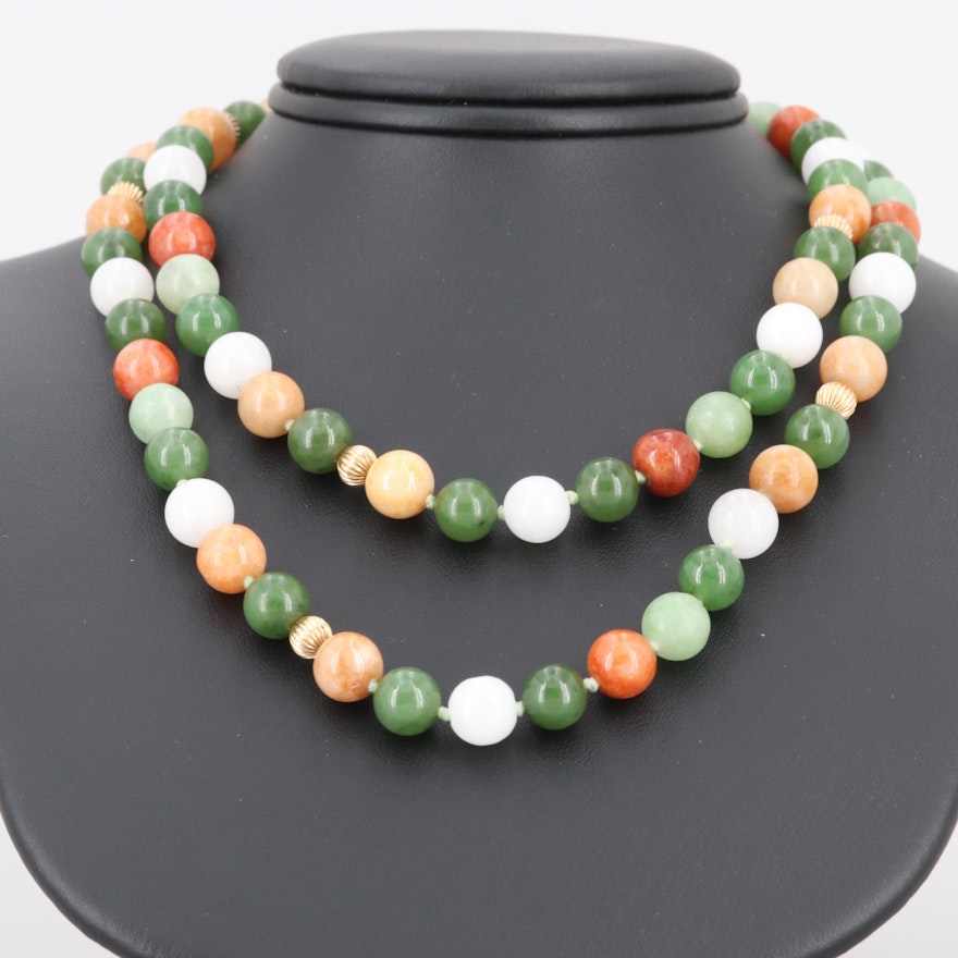 Nephrite, Quartz and Jadeite Endless Necklace with 14K Yellow Gold Stations