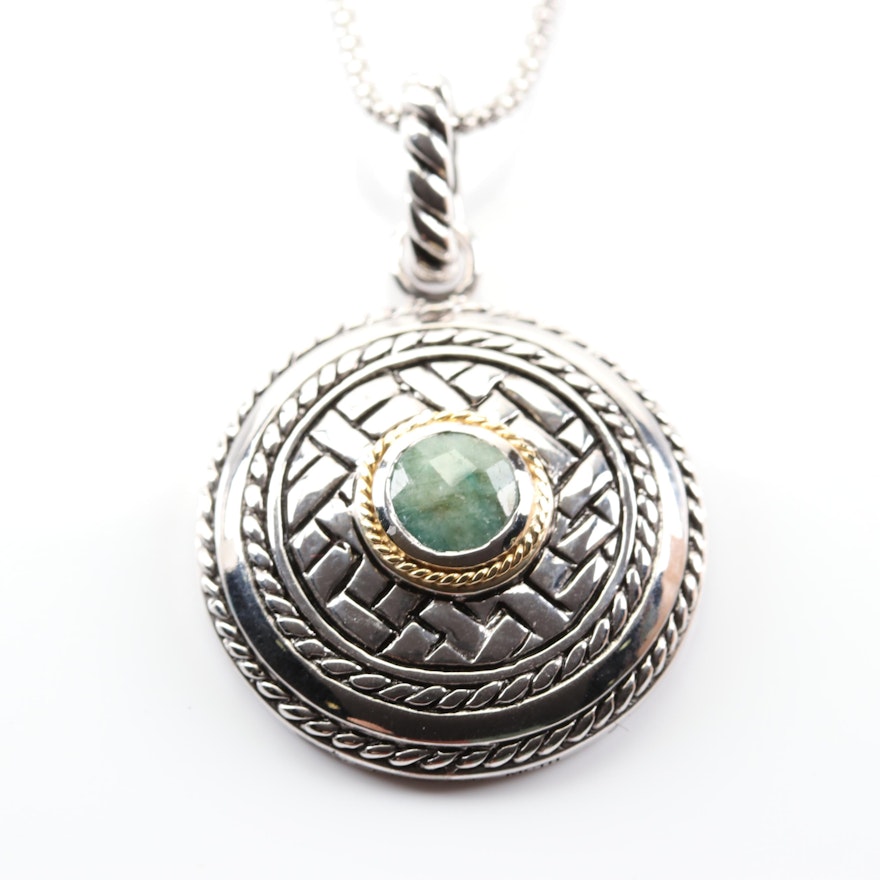 Sterling and Emerald Pendant Necklace with 14K Yellow Gold Rope Accent