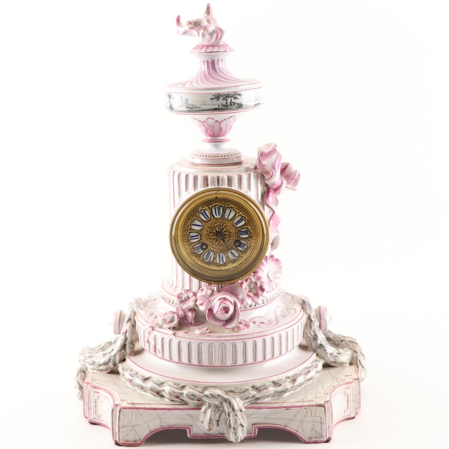 French Style Porcelain Faïence Mantel Clock, 19th Century