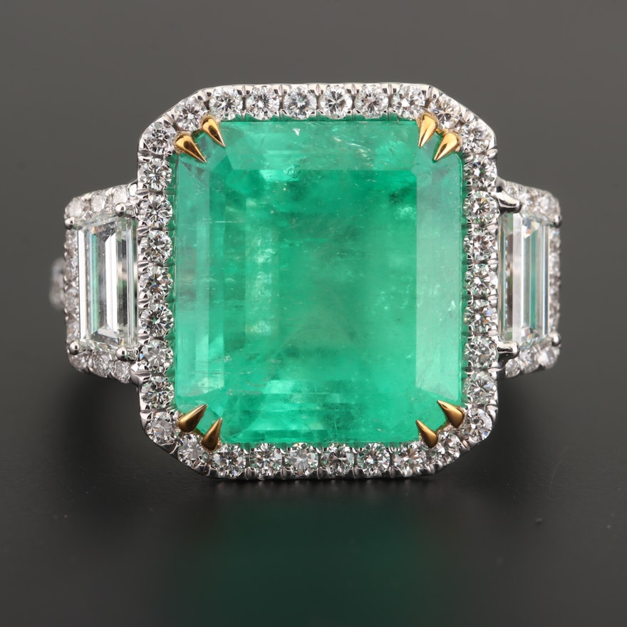 18K White Gold 10.00 CT Colombian Emerald and 1.63 CTW Diamond Ring with AGL