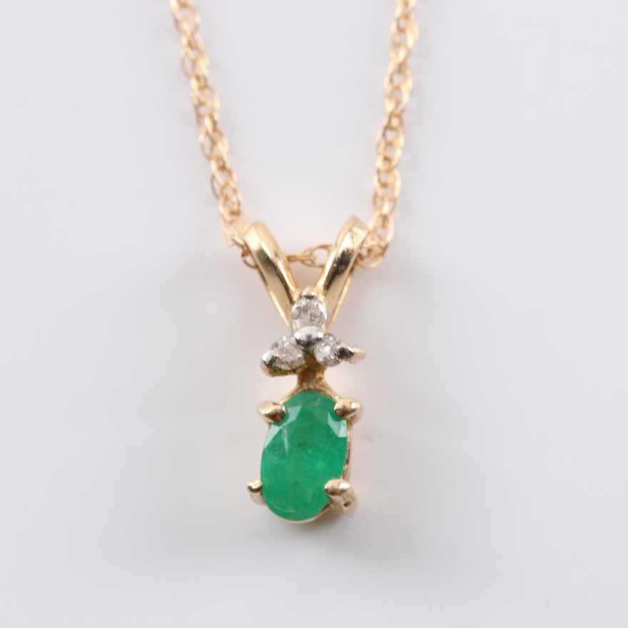 14K Yellow Gold Emerald and Diamond Pendant Necklace