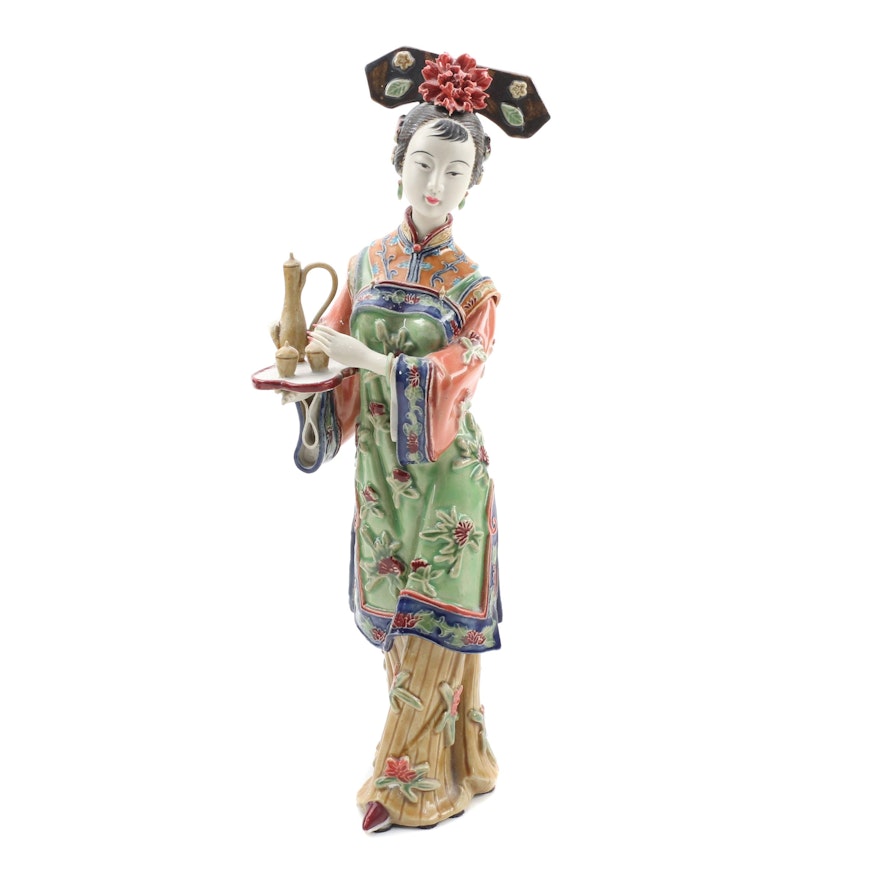 Chinese Shiwan Ware Lady Figurine Holding Tea Tray by Lin Wei Dong