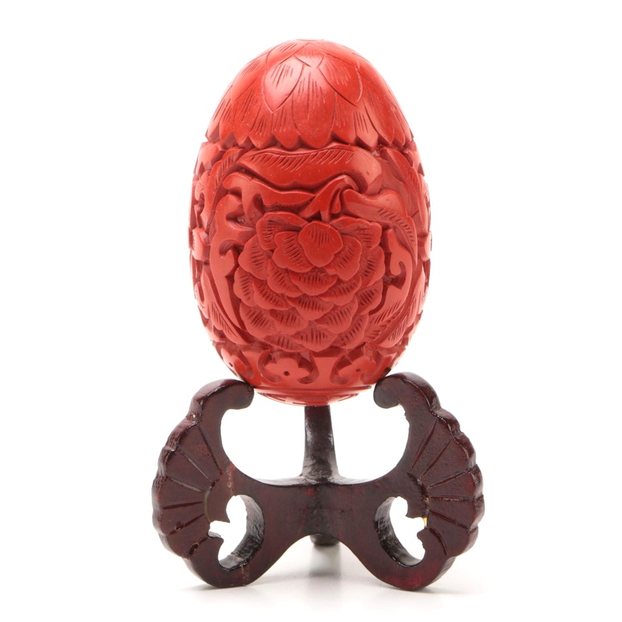 Chinese Carved Cinnabar Style Resin Egg with Wooden Base