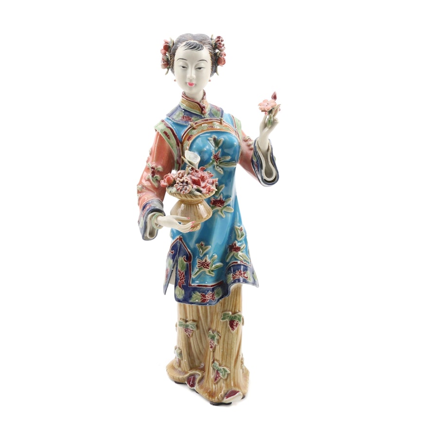 Chinese Shiwan Ware Lady Figurine Holding Flowers by Lin Wei Dong