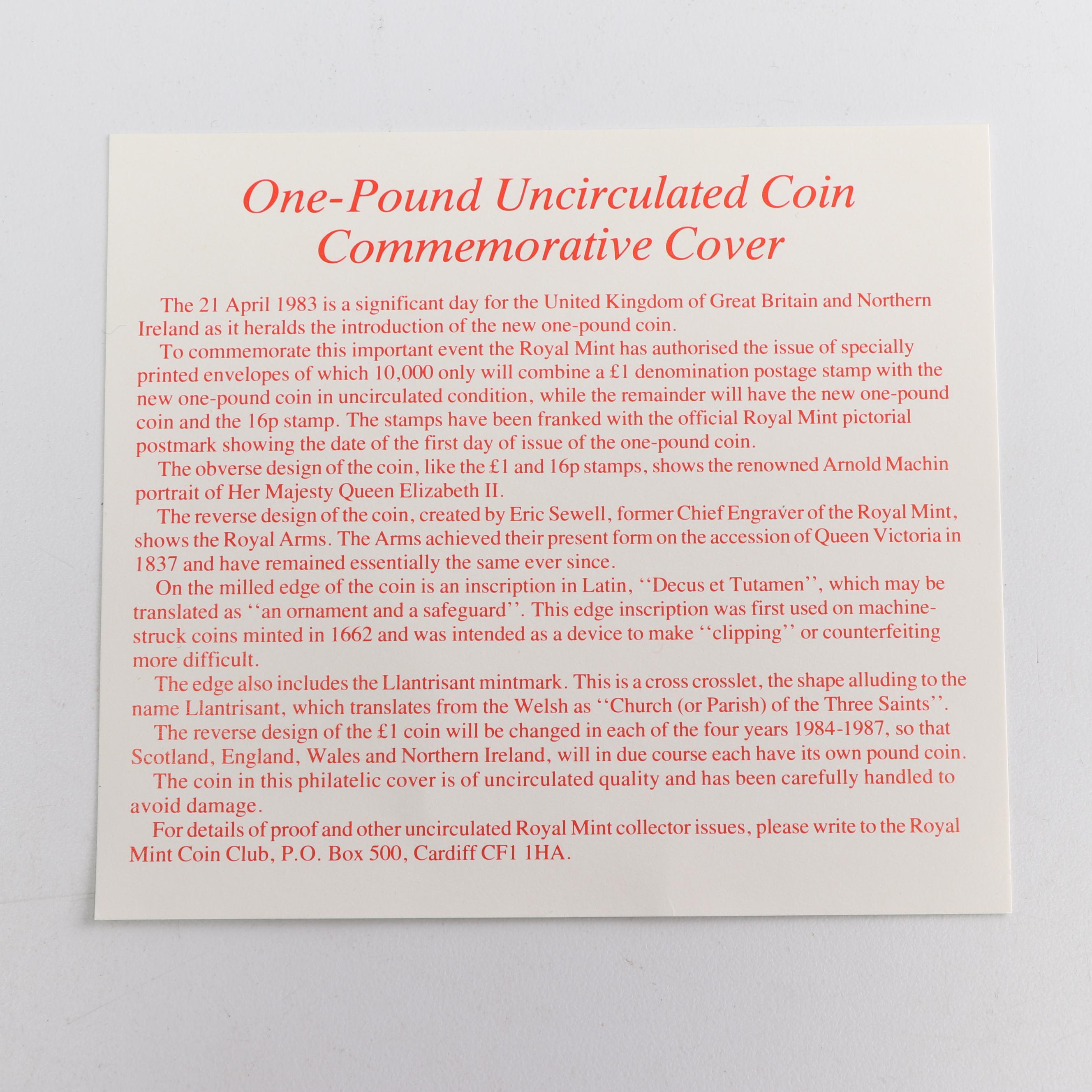 1983 Royal Mint First Day of Issue £1 Coin with Queen Elizabeth Commemorative
