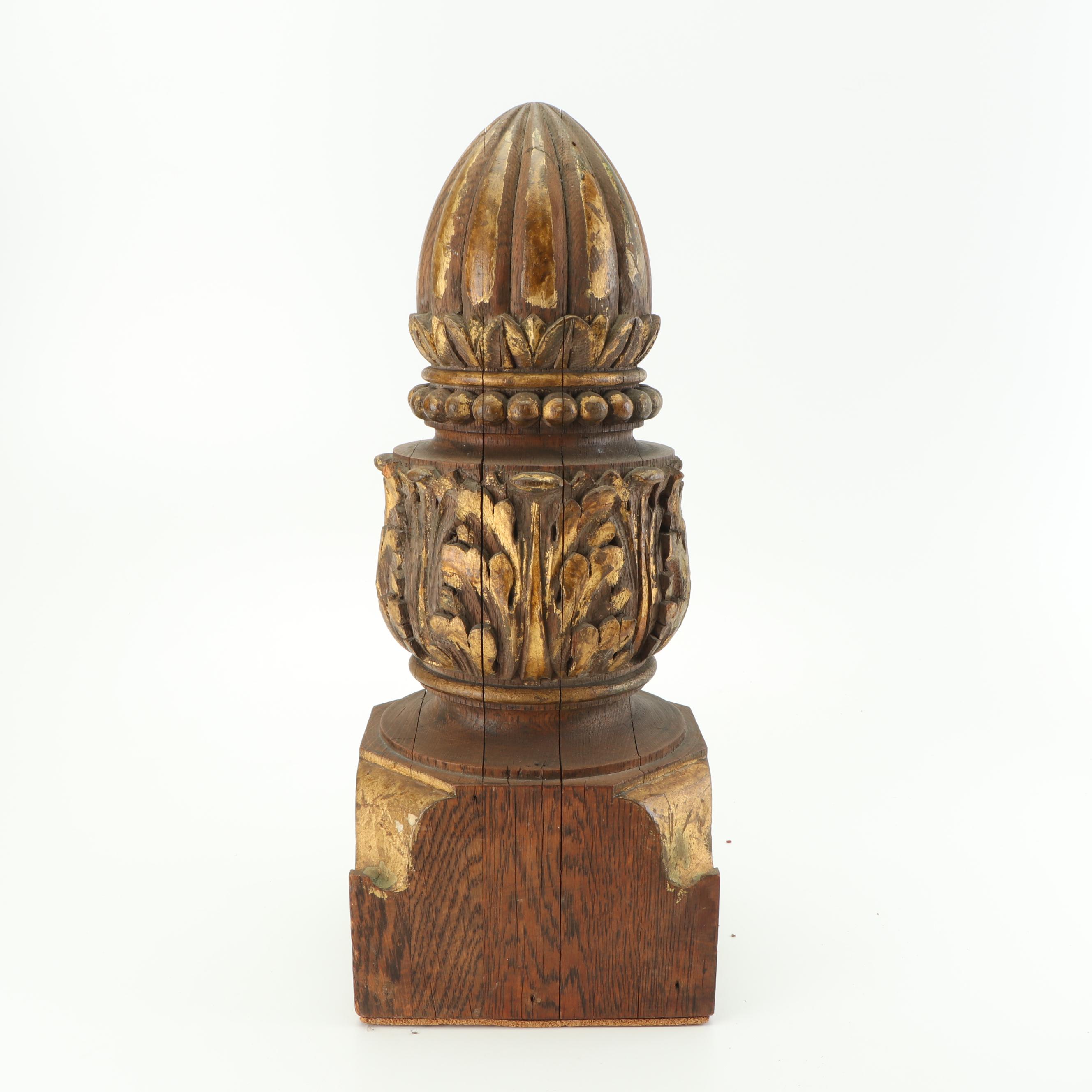 Large Distressed Wood Partial Gilt Finial