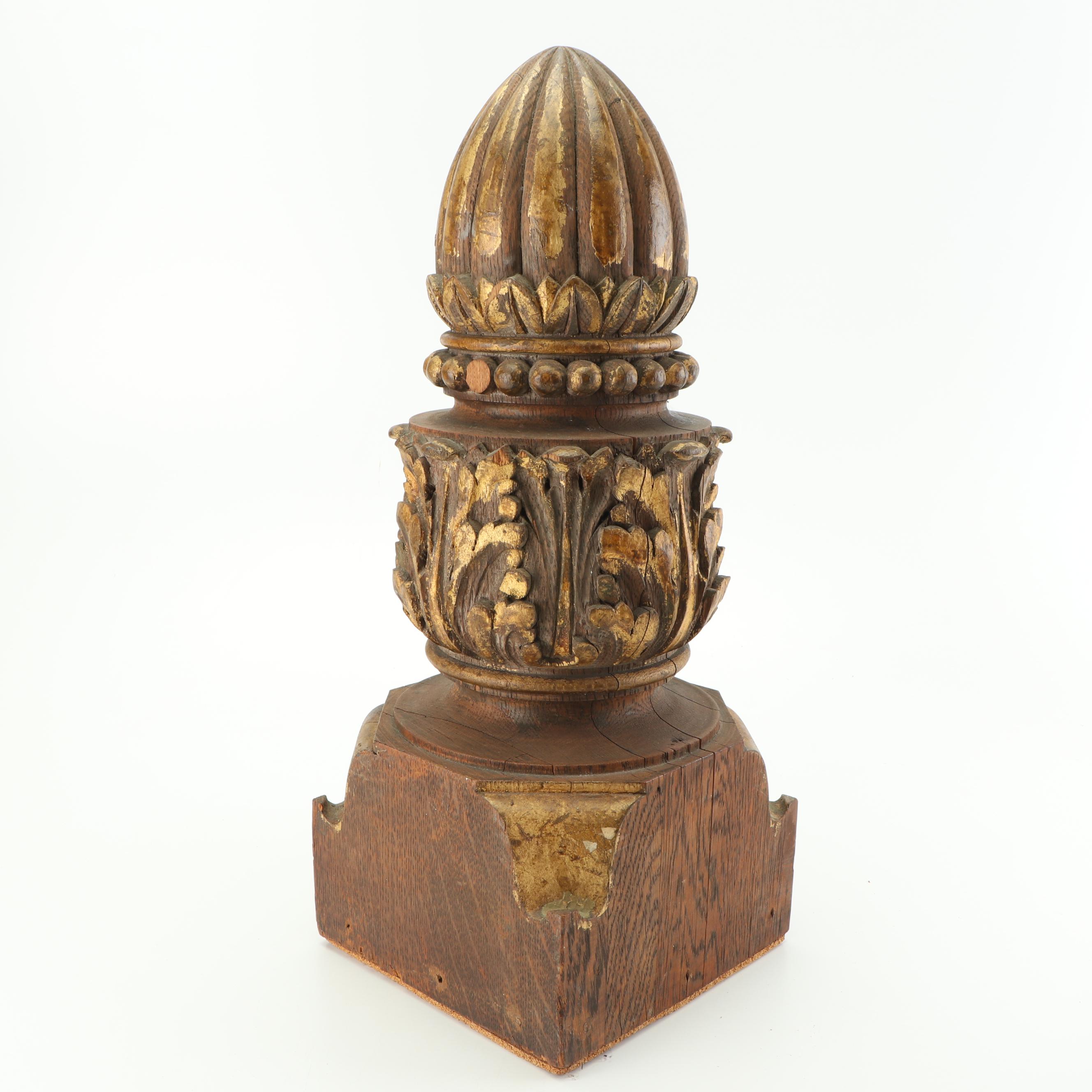 Large Distressed Wood Partial Gilt Finial