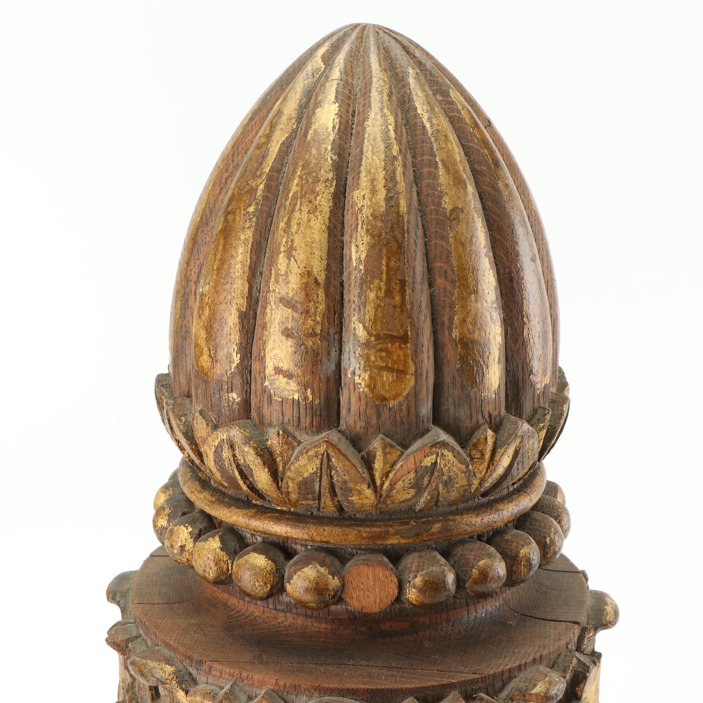 Large Distressed Wood Partial Gilt Finial