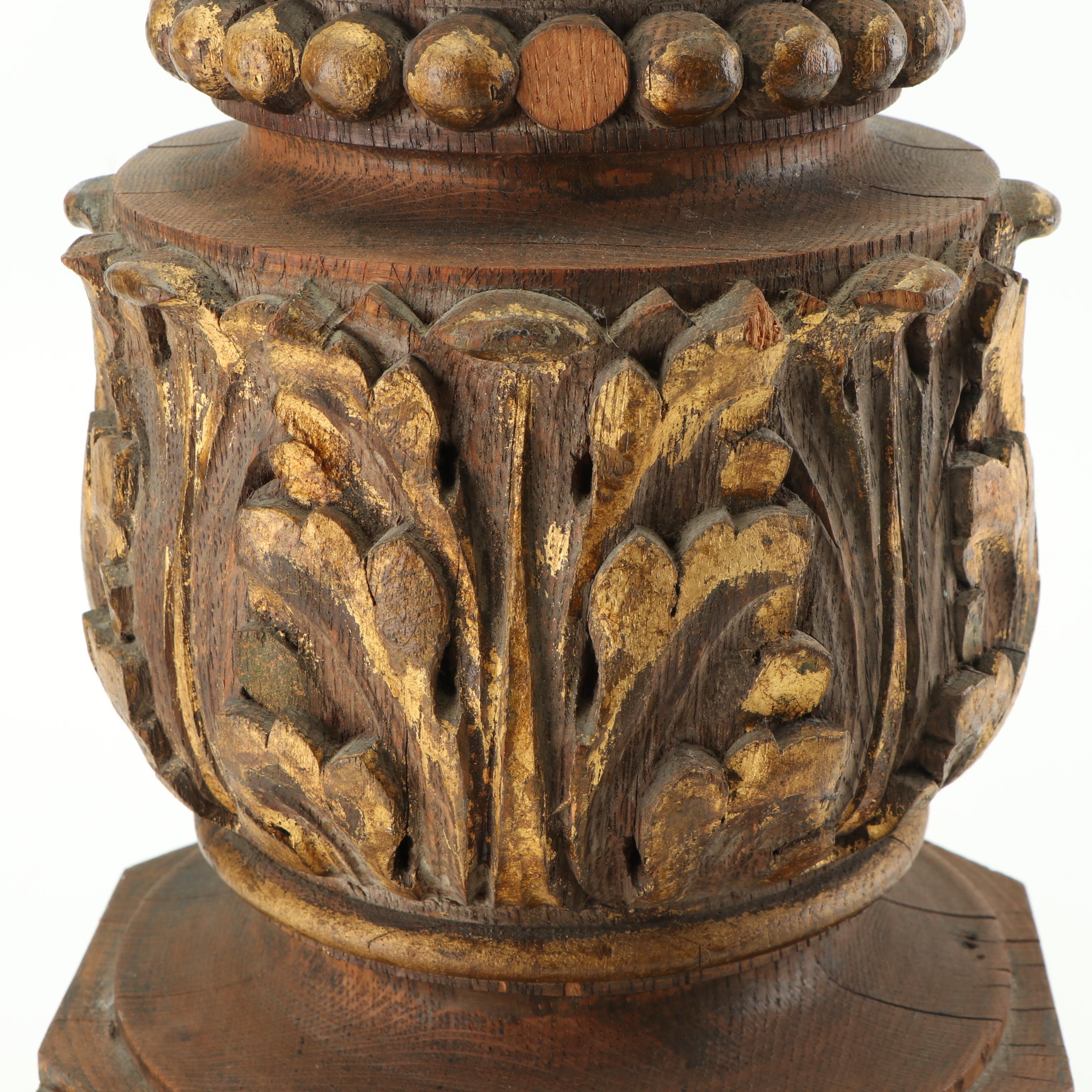 Large Distressed Wood Partial Gilt Finial
