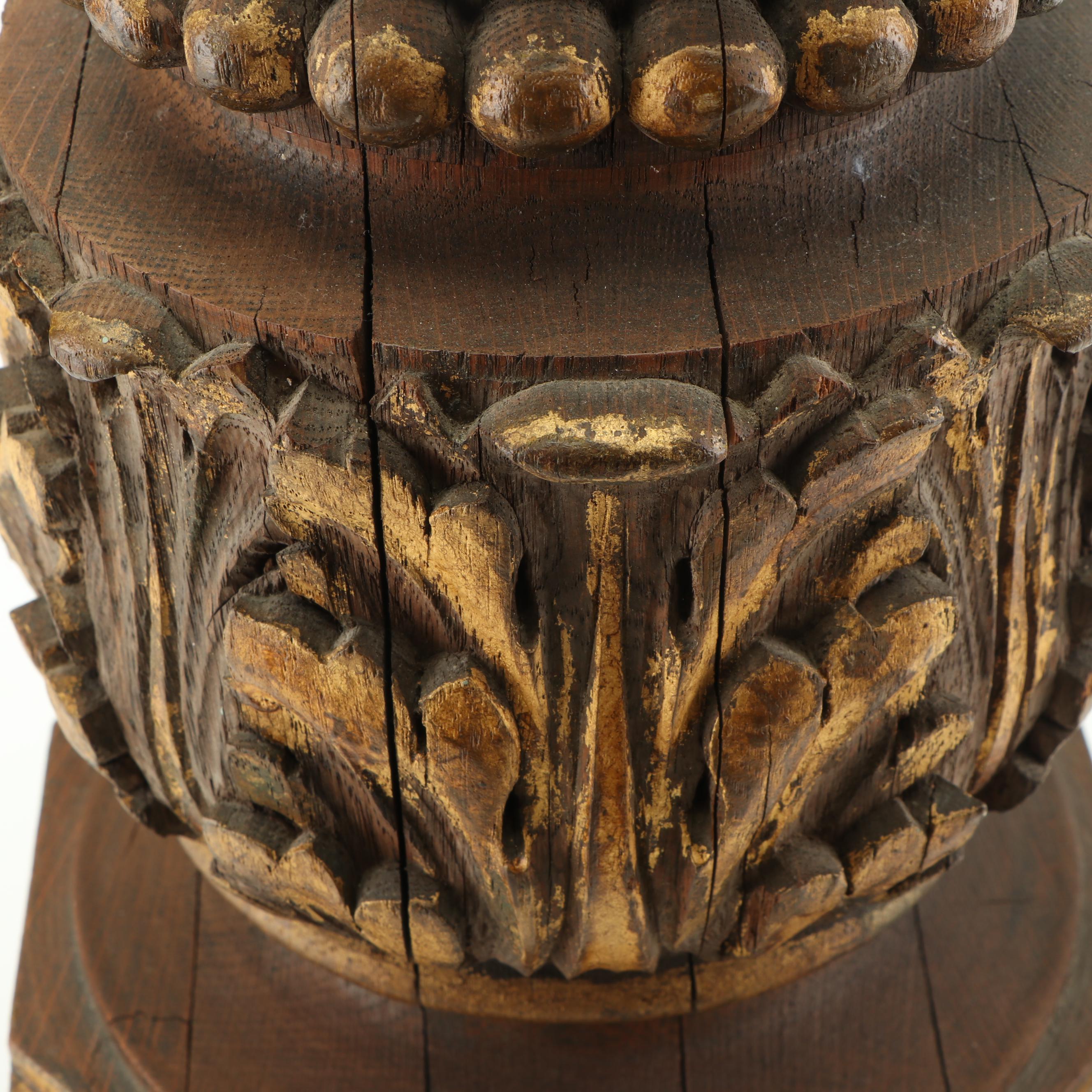 Large Distressed Wood Partial Gilt Finial