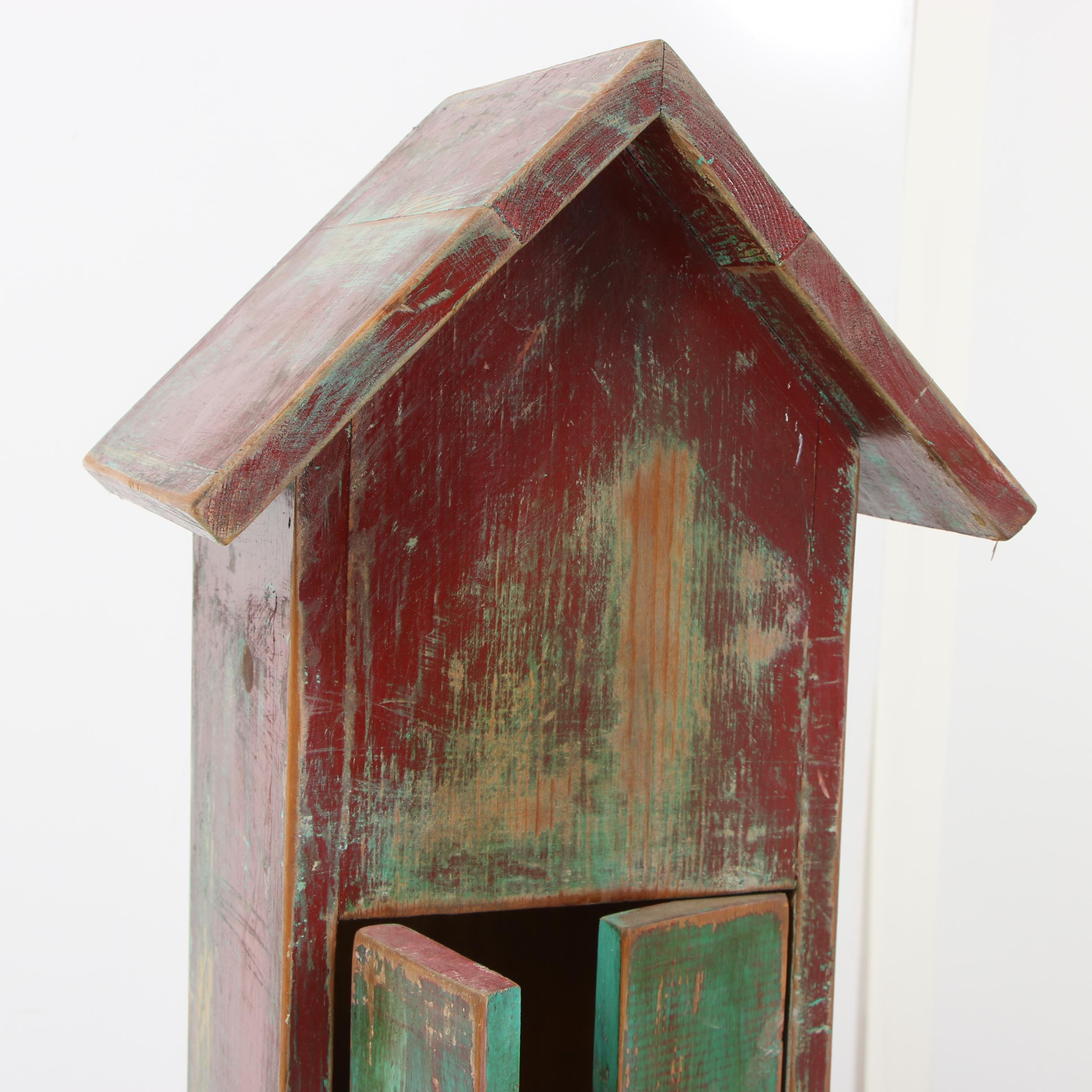 Painted and Distressed Wooden Bird House Style Storage Cabinet