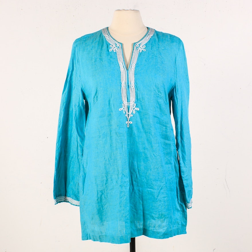 Escada Embellished Blue Linen Tunic Shirt