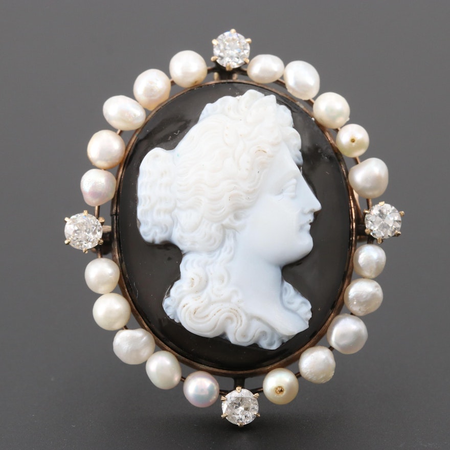 Early 1900s 10K Yellow Gold Carved Onyx Cameo with Pearl and Diamond Accents