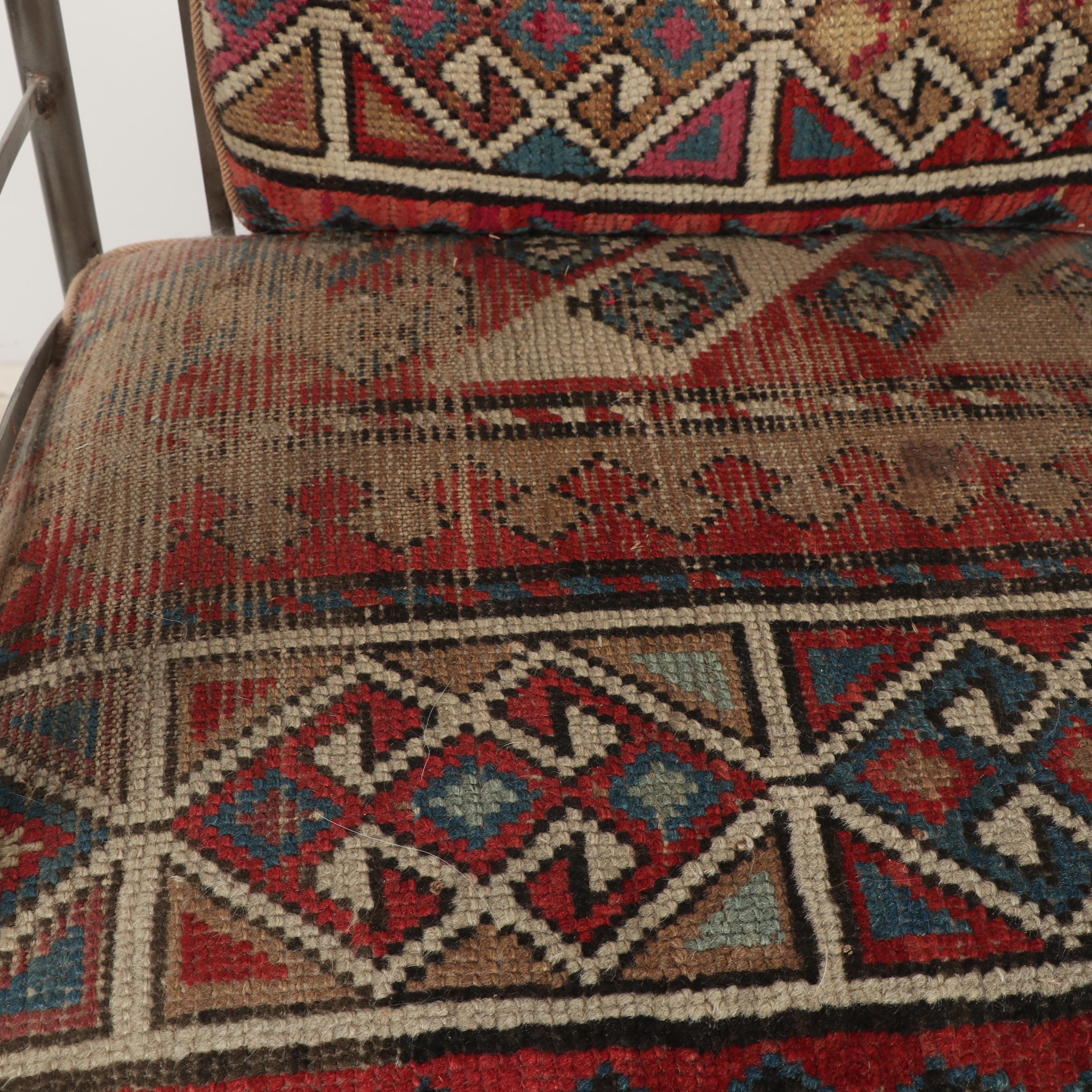 Three Wought Metal Barstools Upholstered with Fabric and Turkish Rugs