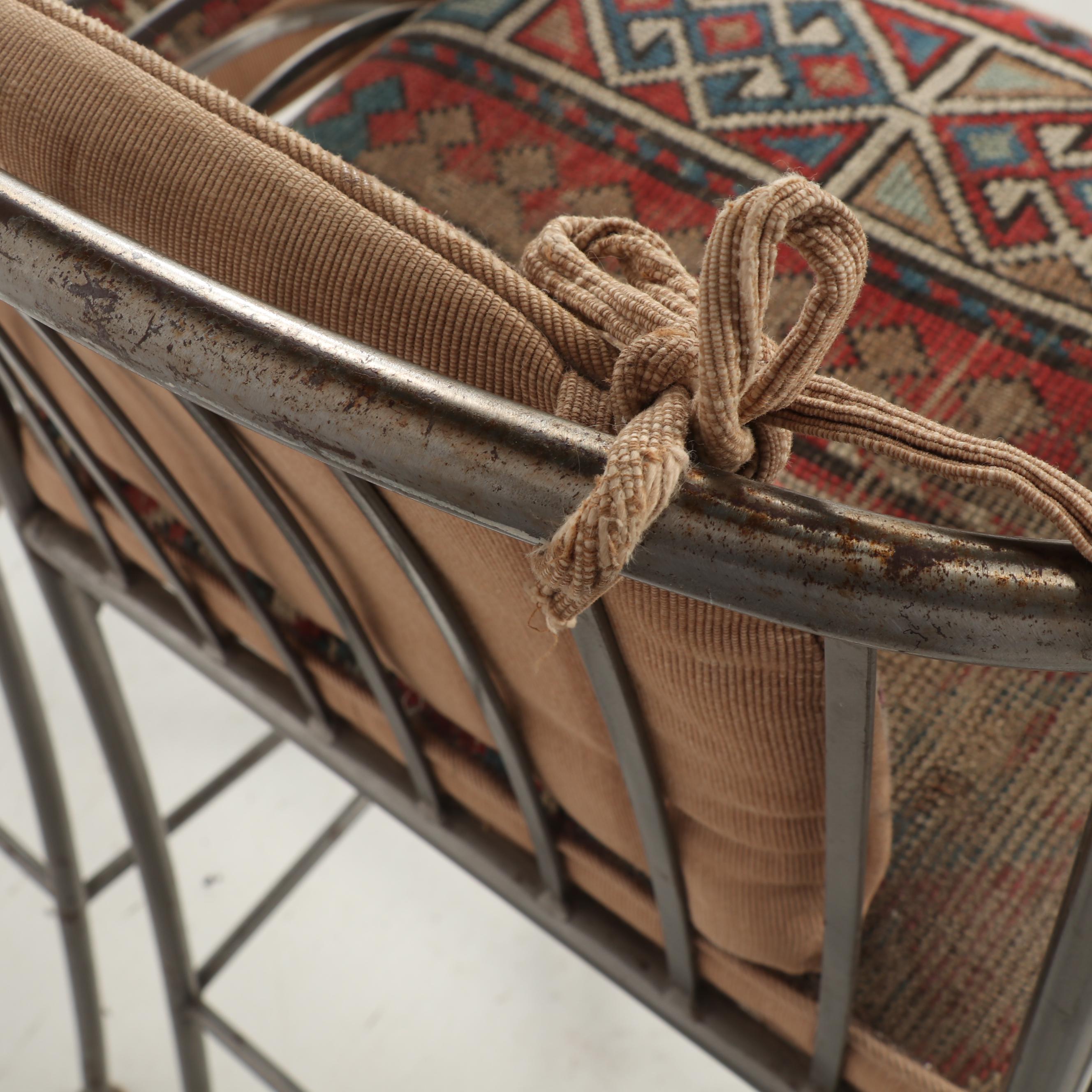 Three Wought Metal Barstools Upholstered with Fabric and Turkish Rugs