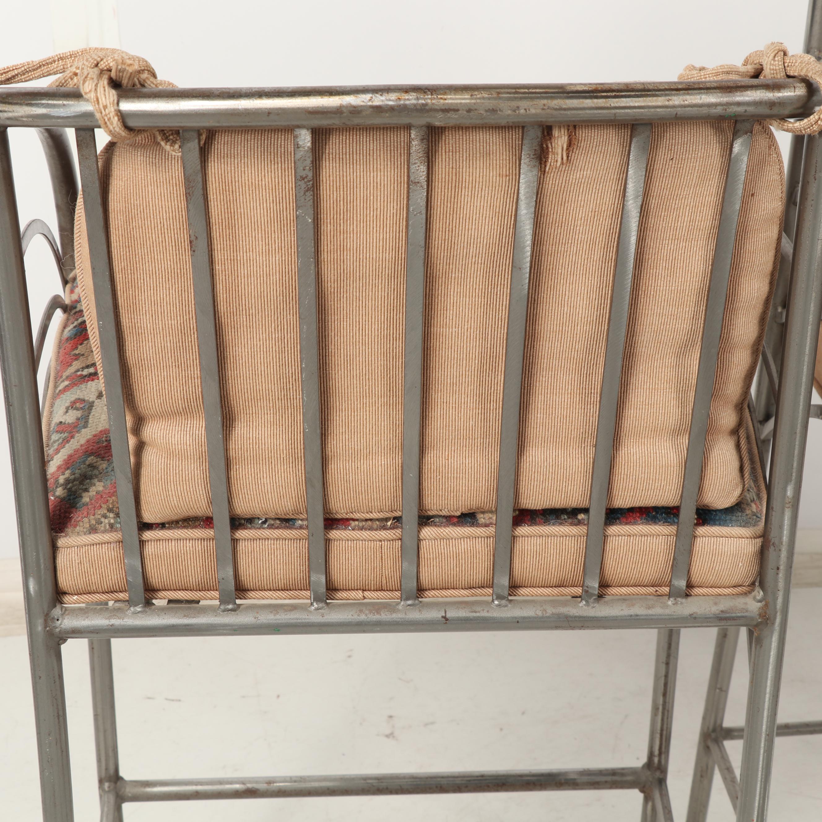 Three Wought Metal Barstools Upholstered with Fabric and Turkish Rugs