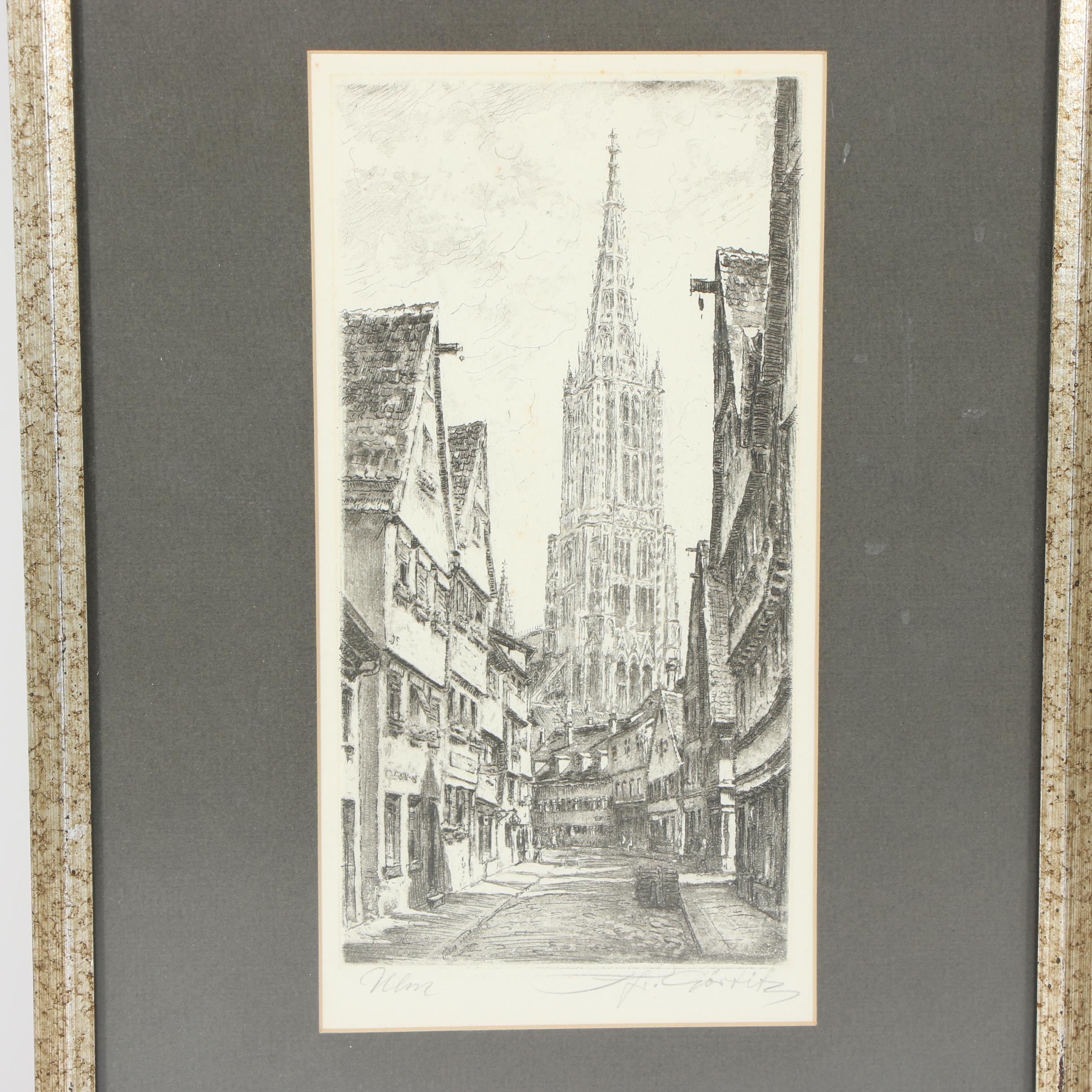 1930 German Architectural Etching with Aquatint "Ulm"
