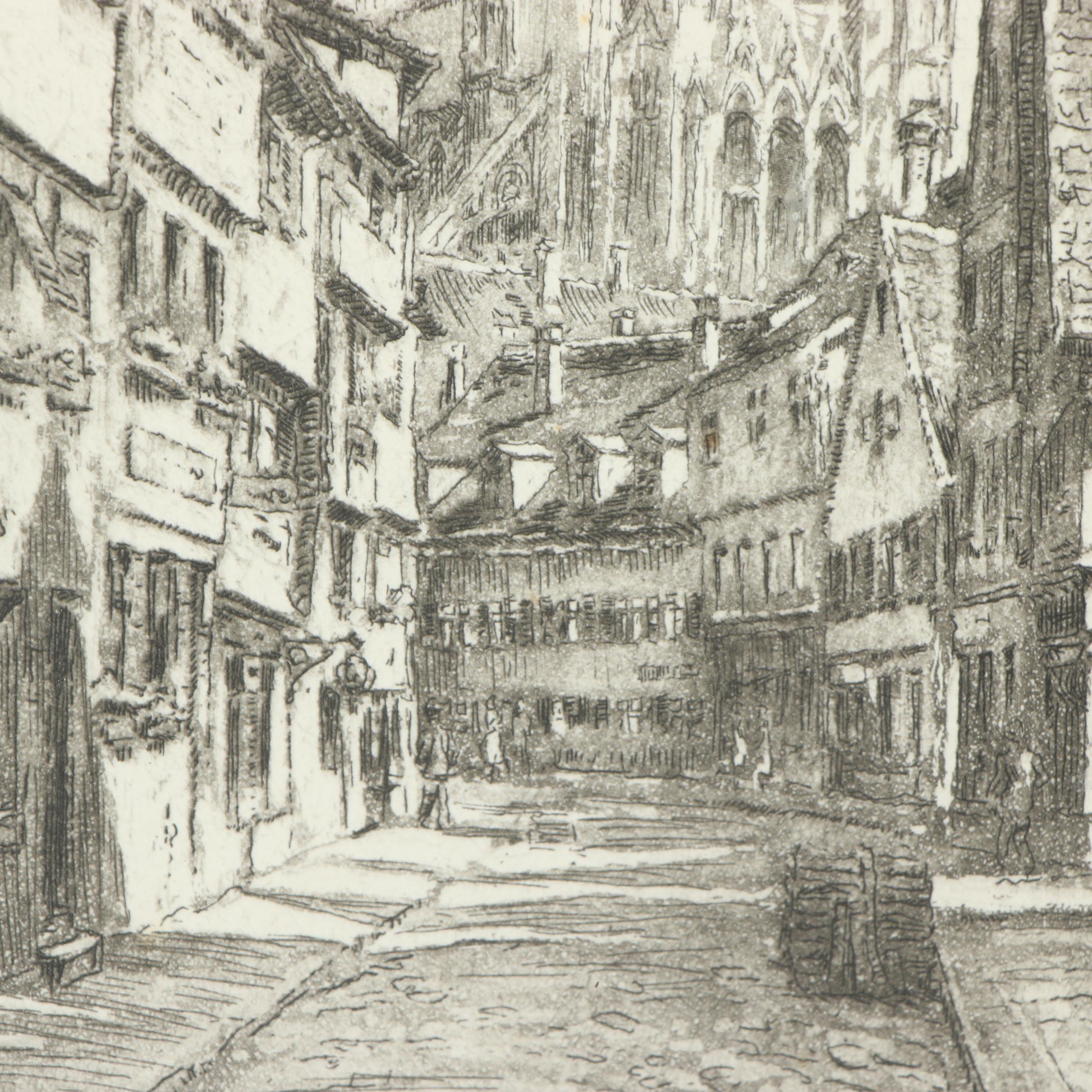 1930 German Architectural Etching with Aquatint "Ulm"