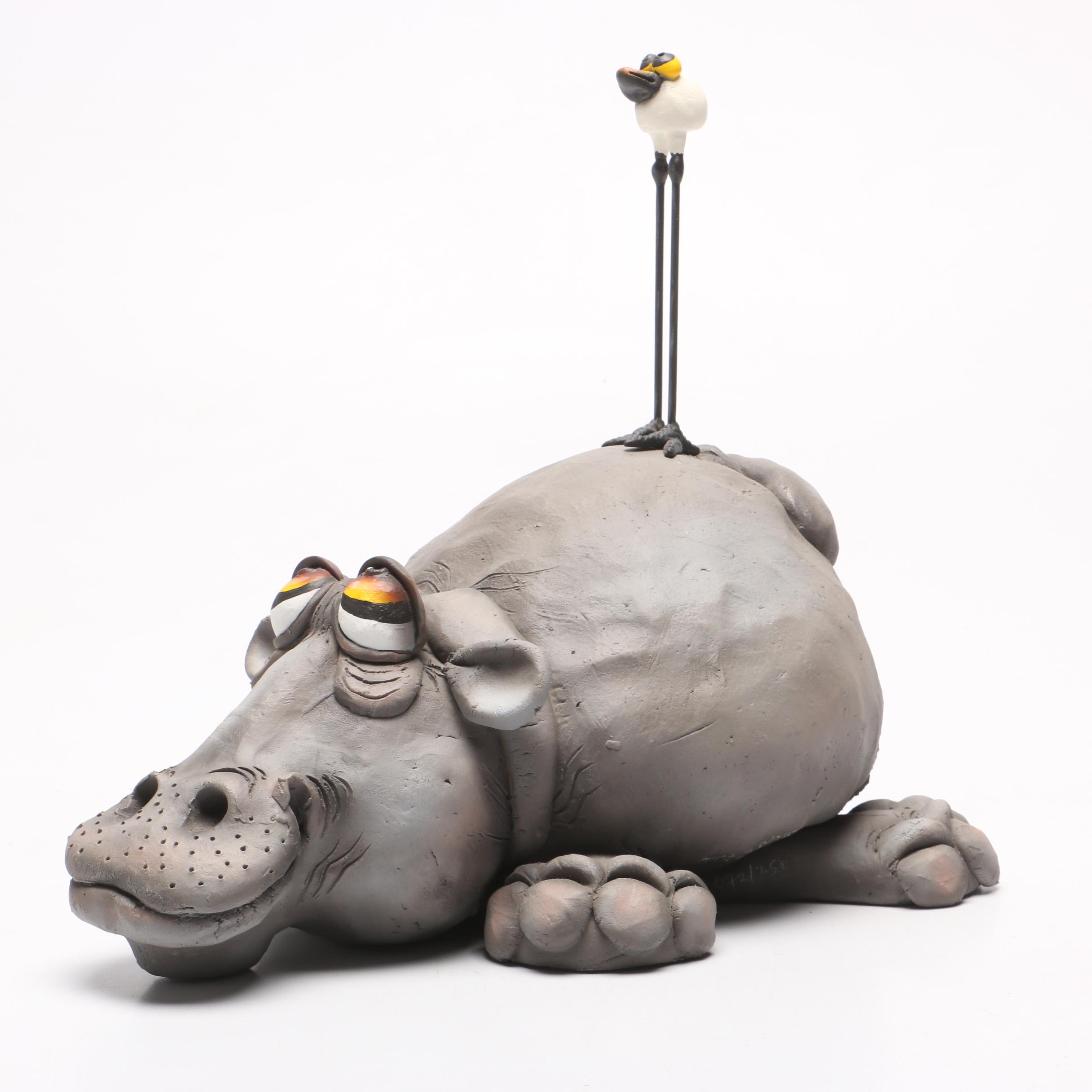 Todd J. Warner Ceramic Hippopotamus and Bird Sculpture