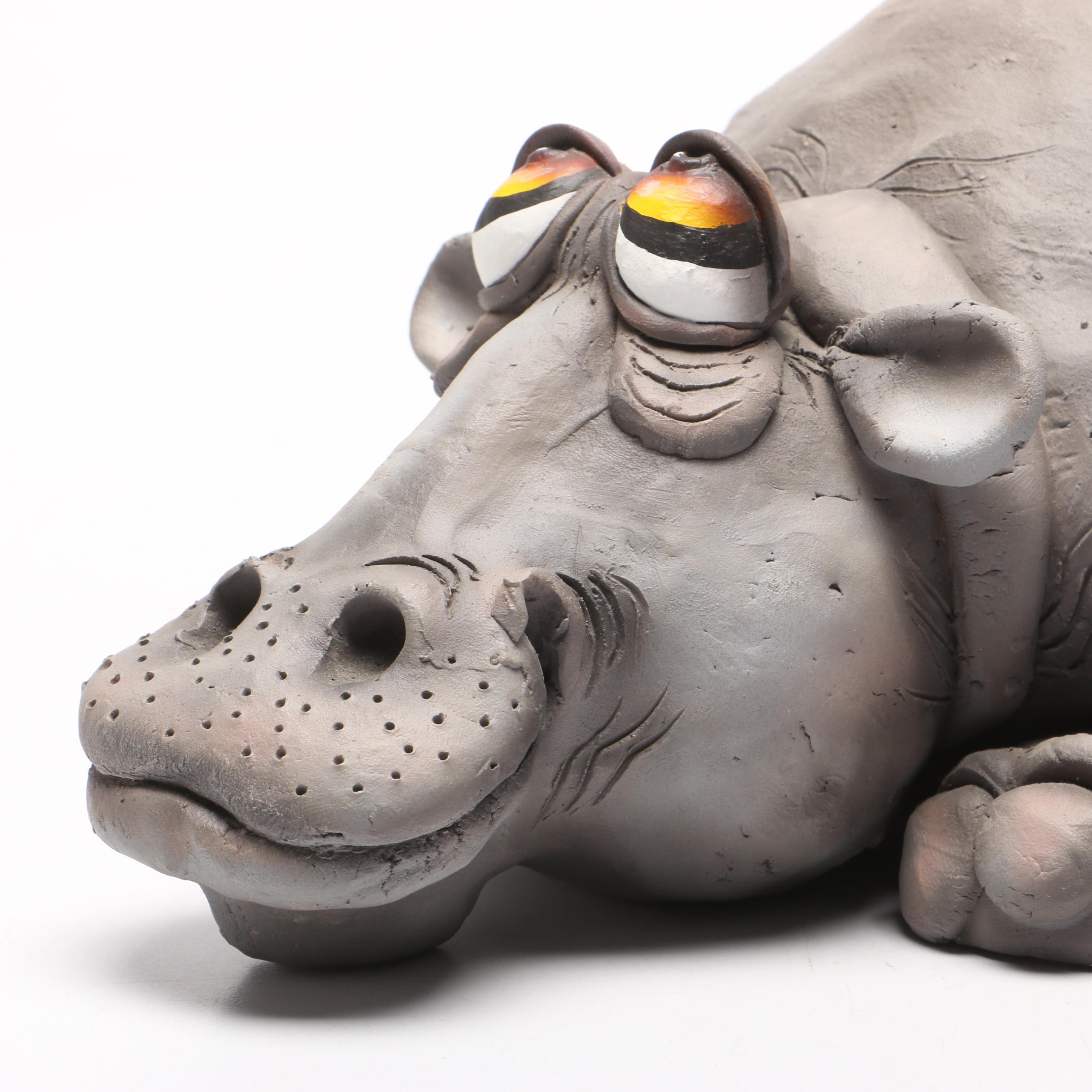 Todd J. Warner Ceramic Hippopotamus and Bird Sculpture