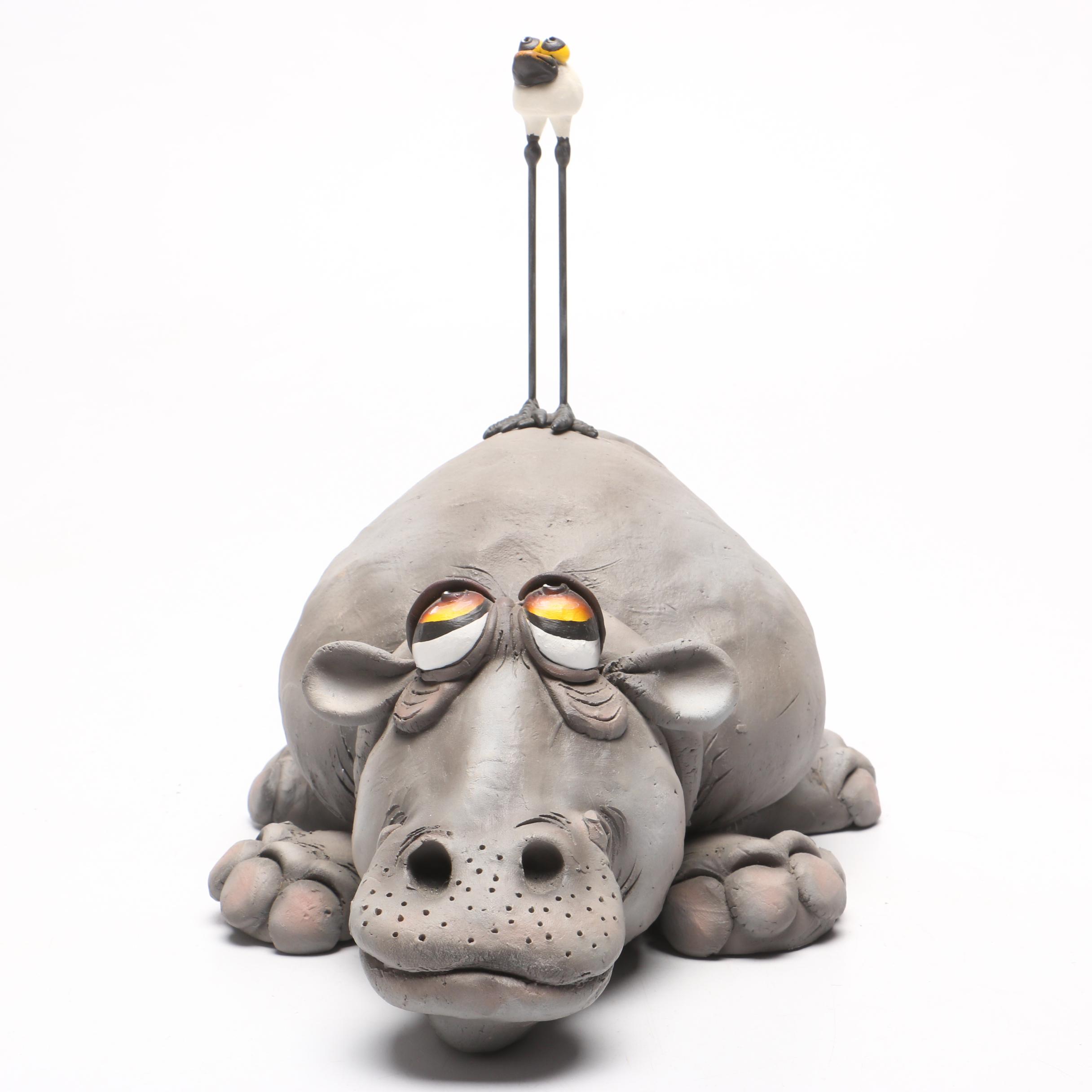Todd J. Warner Ceramic Hippopotamus and Bird Sculpture