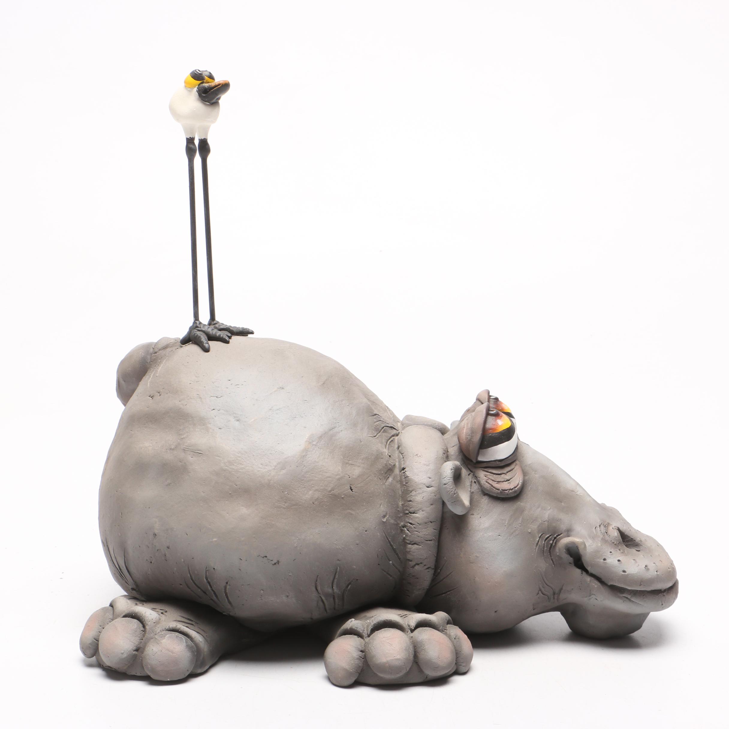 Todd J. Warner Ceramic Hippopotamus and Bird Sculpture