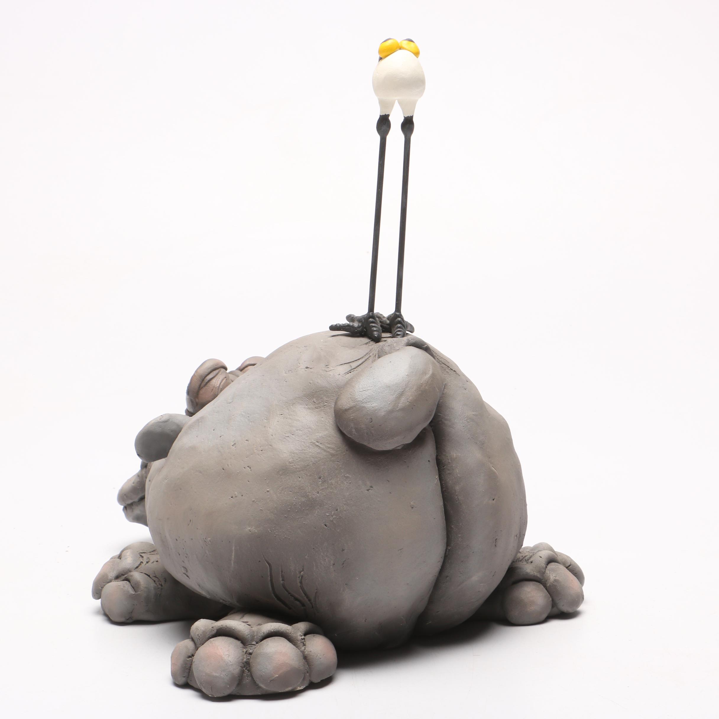 Todd J. Warner Ceramic Hippopotamus and Bird Sculpture