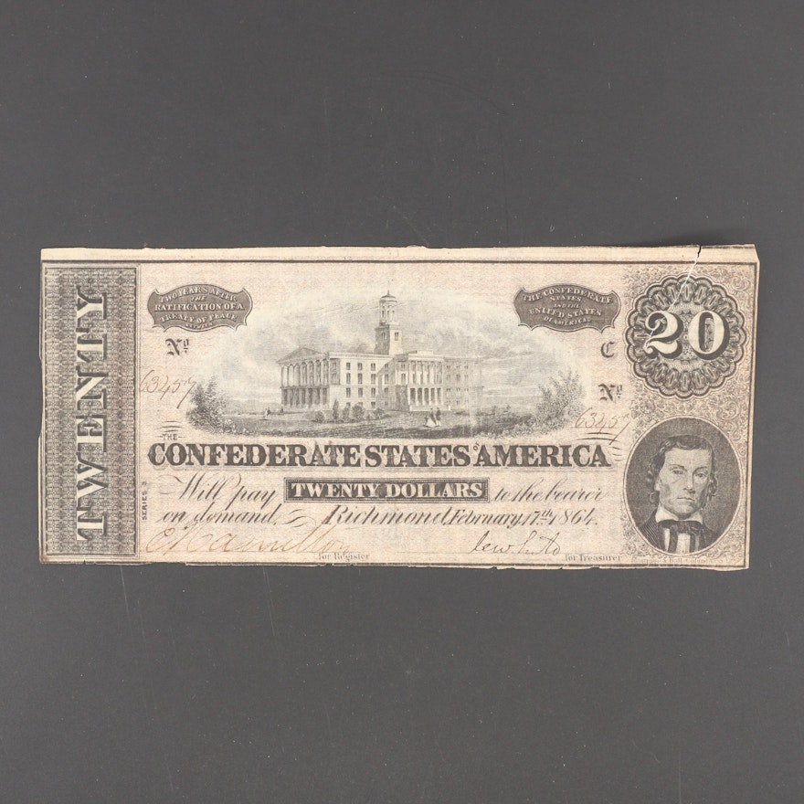 1864 Confederate States of America $20 Currency Note