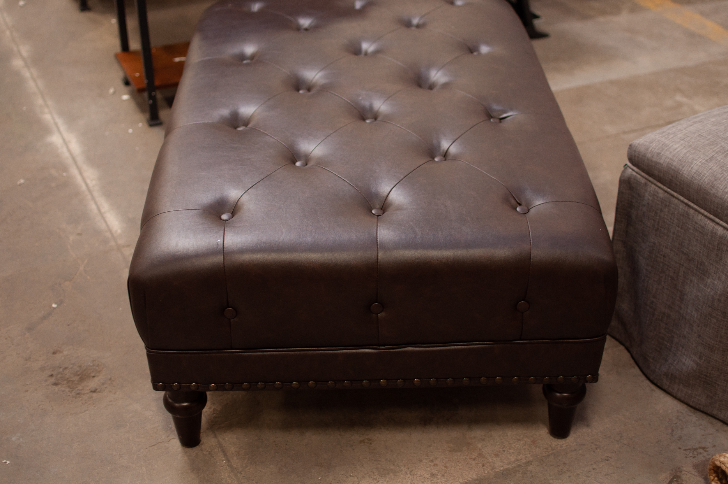 Brown Leather Tufted Ottoman, Contemporary