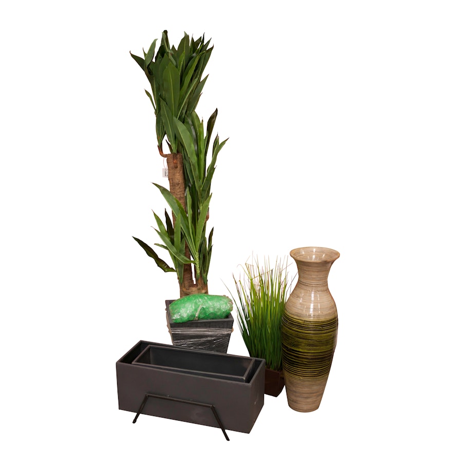 Artificial Plants and Planters Including a Bamboo Vase, Contemporary