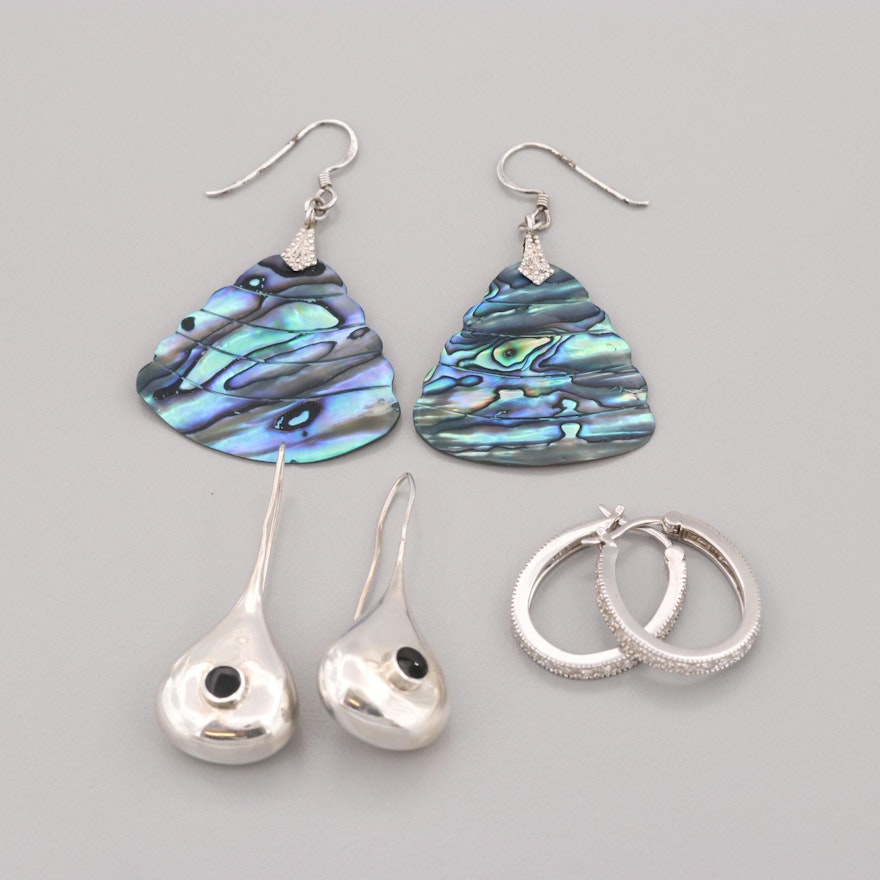 Sterling Silver Hoop, Drop and Dangle Earrings with Abalone and Glass