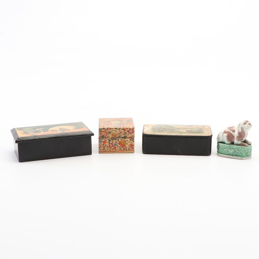 Dog Themed Pill and Trinket Boxes Including Kashmiri
