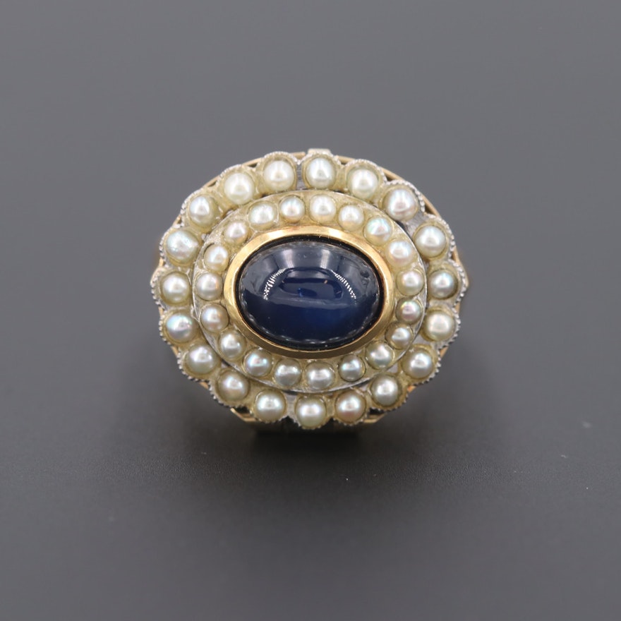 Vintage 18K Yellow Gold Star Sapphire and Cultured Pearl Poison Ring