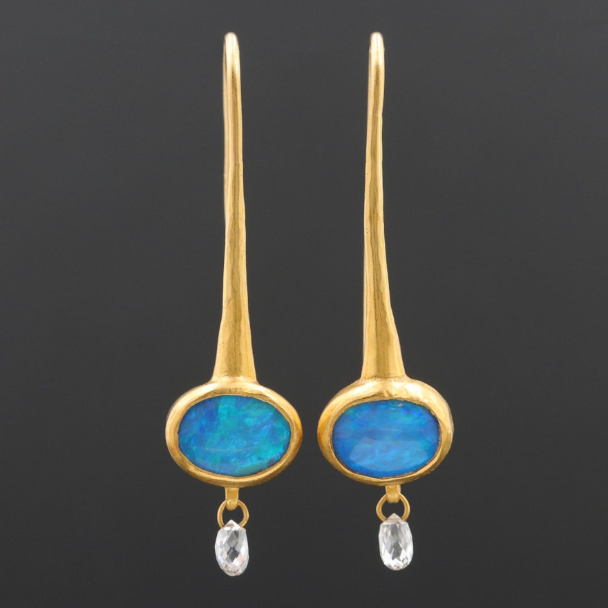 Gurhan 24K Yellow Gold Opal and Diamond Drop Earrings