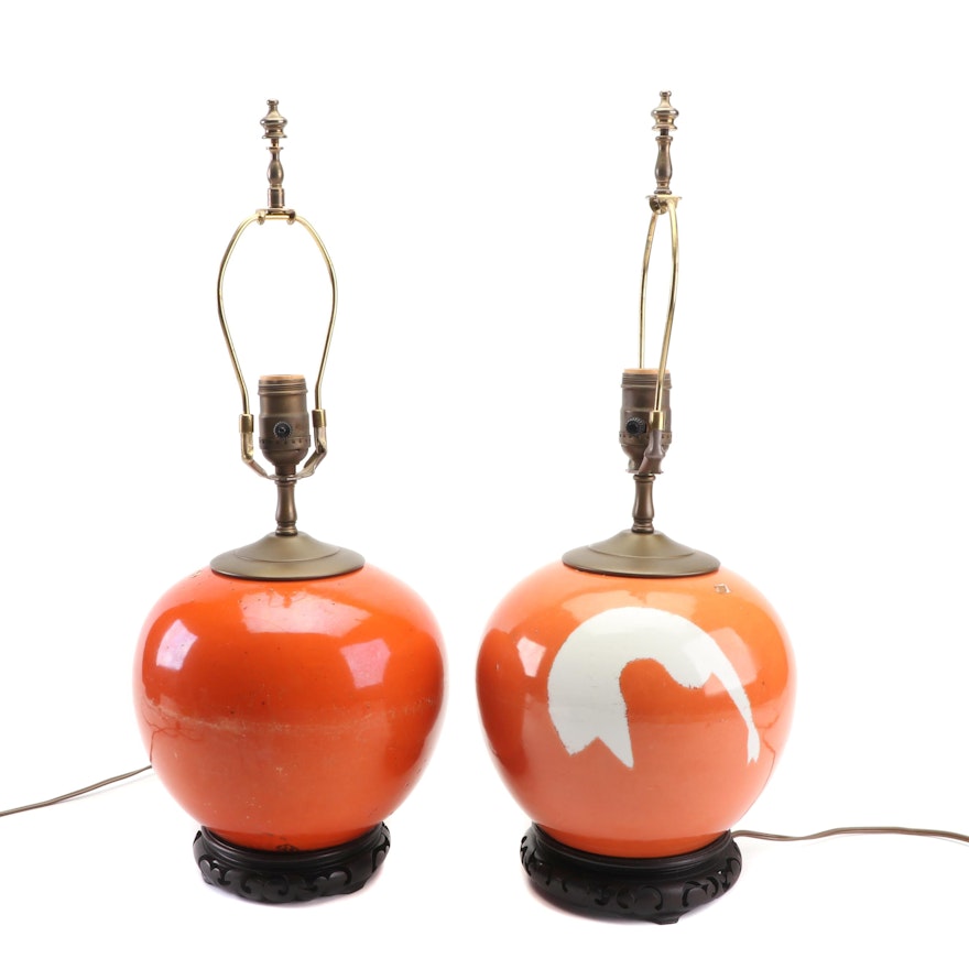 Pair of Asian Orange Ceramic Table Lamps