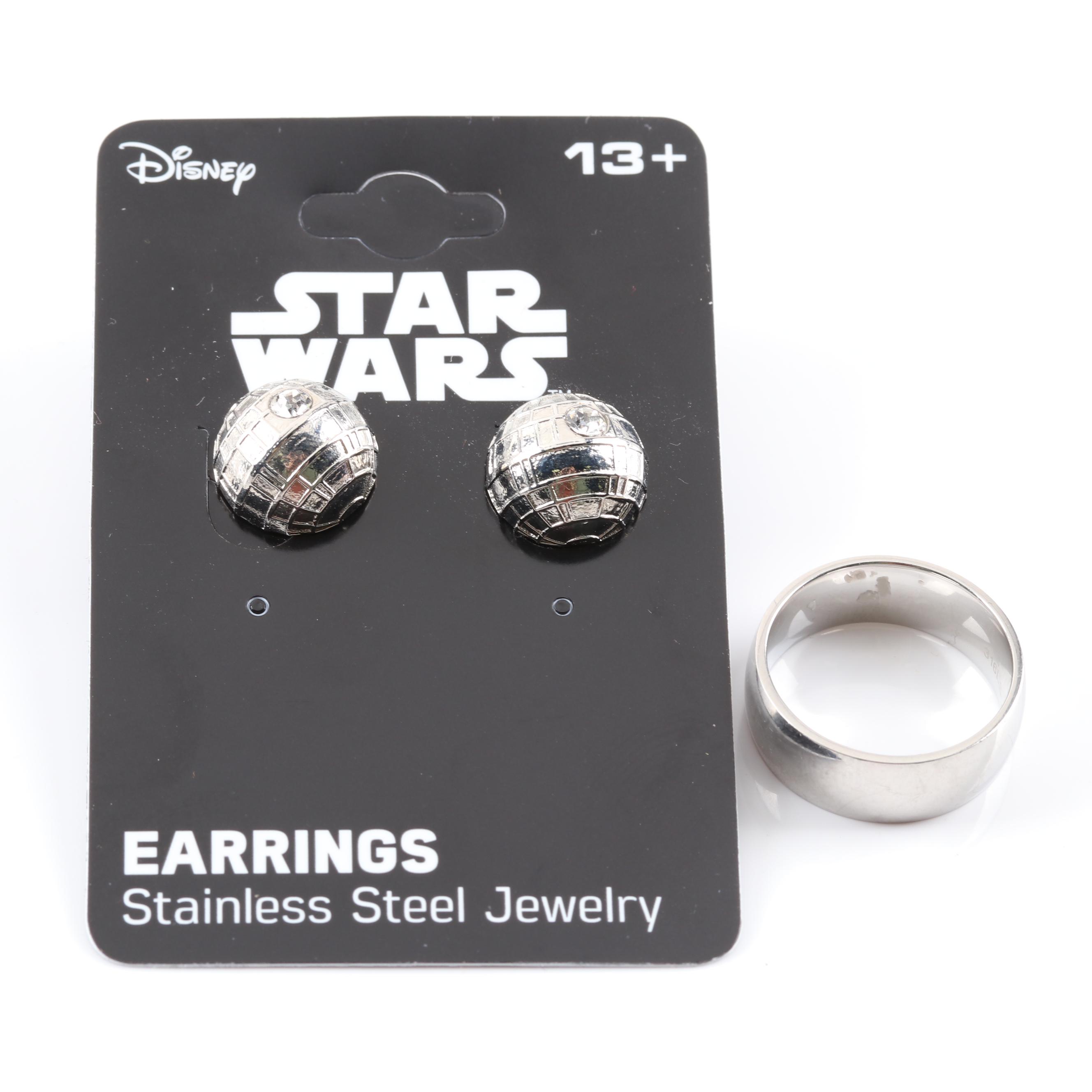 Disney Stainless Steel Death Star Earrings and Ring
