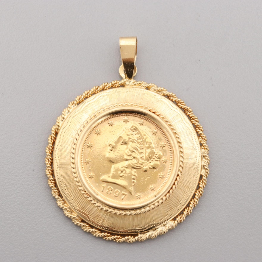 18K Yellow Gold Pendant with 1897 Liberty Head $5 Half Eagle Gold Coin